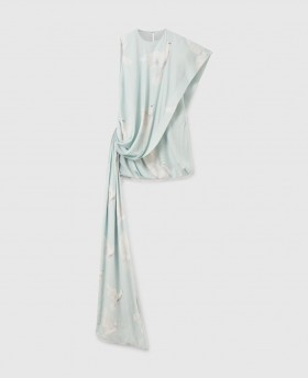  Vestido curto Stella McCartney com estampa de pombas e cauda com nó, azul | Vestidos femininos