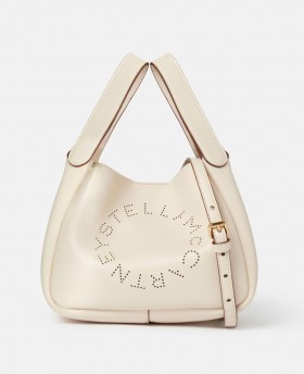  Borsa a tracolla con doppio manico superiore e logo Stella Mccartney, bianco magnolia | Borse con manico superiore da donna
