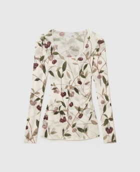 Stella McCartney Cherry Print Mesh Langermet Topp Kremfarget | Dameskjorter Og Topper