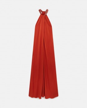  Rochie maxi din satin cu guler halter și cristale Stella McCartney, portocaliu închis | Rochii de damă