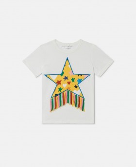  Tricou Stella McCartney cu franjuri și grafică în stele, crem | Tricouri și topuri pentru copii