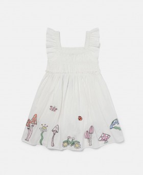 Rochie Stella McCartney Woodland Friends cu mânecă scurtă plisată, albă | Rochii și salopete pentru copii