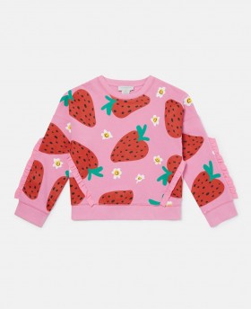  Sudadera rosa con flecos y estampado de fresas de Stella McCartney | Camisetas y tops para niños