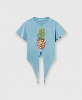 Stella Mccartney Pineapple T-shirt van katoen met strik aan de voorkant, gewassen lichtblauw | Dames Sweatshirts en T-shirts