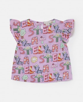 Stella Mccartney Stella Woodland Lettering Geplooid T-shirt met Capsleeve Paars | Kinder T-shirts en Tops
